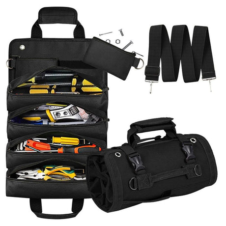 Roll Up Tool Bag, Portable Folding Tool Roll with Detachable Pouch, Heavy Duty Motorcycle Tool Storage Organizer, Gifts for Dad, Black（only bag）