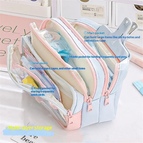 4-Layer Transparent Large Capacity Pencil Case - Aesthetic Style Makeup & Supplies Organizer Pouch (Pink blue)