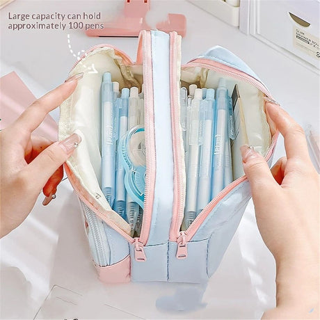 4-Layer Transparent Large Capacity Pencil Case - Aesthetic Style Makeup & Supplies Organizer Pouch (Pink blue)