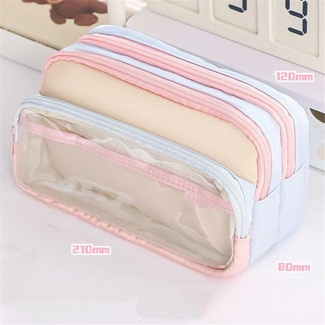 4-Layer Transparent Large Capacity Pencil Case - Aesthetic Style Makeup & Supplies Organizer Pouch (Pink blue)
