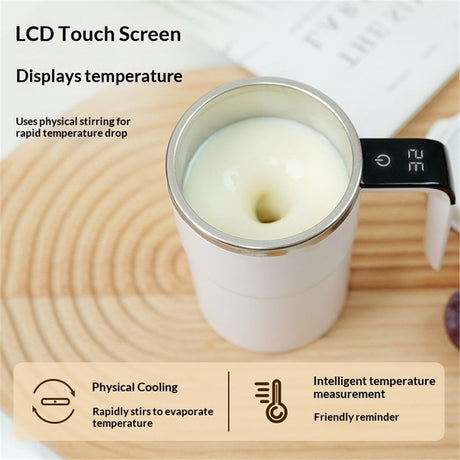Automatic Magnetic Stirring Coffee Mug with Temperature Display, Rechargeable Self Mixing Cup for Milk Tea, Magnetic Mixing Cup with Lid, Stainless Steel Material Suitable for Coffee, Milk (White)