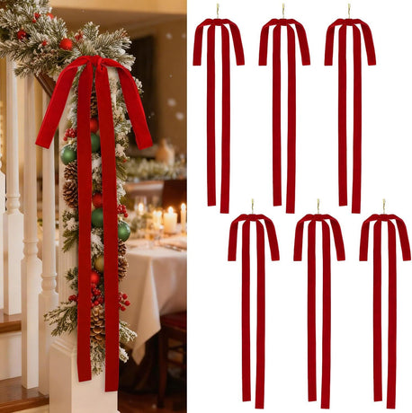 6PCS Red Velvet Bows for Christmas Tree 24 Inch Rustic Large Velvet Christmas Staircase Wreath Bows Xmas Tree Topper Bows Long Ribbon Bow Holiday Ornaments Garland Wedding Party Xmas Decoration