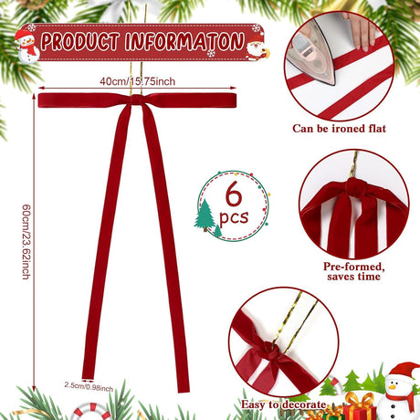 6PCS Red Velvet Bows for Christmas Tree 24 Inch Rustic Large Velvet Christmas Staircase Wreath Bows Xmas Tree Topper Bows Long Ribbon Bow Holiday Ornaments Garland Wedding Party Xmas Decoration