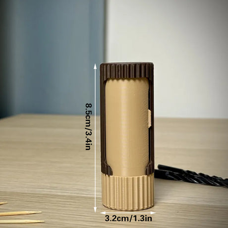3D-printed compact rotating organizer capsule, 1.3 inches long x 3.4 inches high.