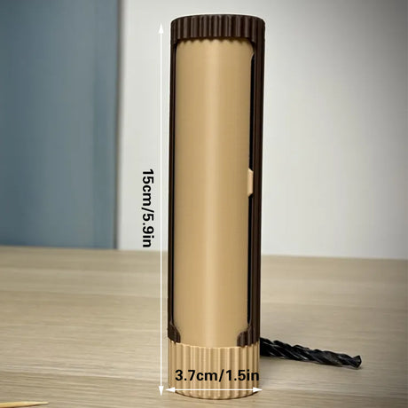 3D-printed compact rotating organizer capsule, 1.3 inches long x 5.9 inches high.