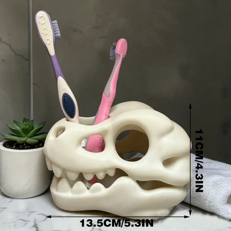 3D-printed dinosaur skull toothbrush holder, white
