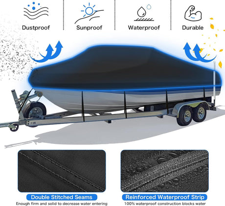Trailerable Boat Cover – 600DHeavy Duty Waterproof Tarp with Storage Bag, Designed for V-Hull, Fish & Ski, Runabout, Bass & Fishing Boats,23-25FTBlack