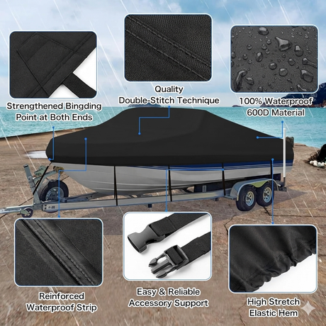 Trailerable Boat Cover – 600DHeavy Duty Waterproof Tarp with Storage Bag, Designed for V-Hull, Fish & Ski, Runabout, Bass & Fishing Boats,20-22FTBlack