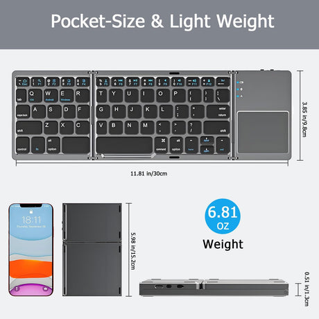 Foldable Bluetooth Keyboard with Touchpad, Wireless Portable Keyboard, Ultra Slim Rechargeable Folding Keyboard with Full-Size Keys for iOS Android Windows Laptop Tablet PC,Grey