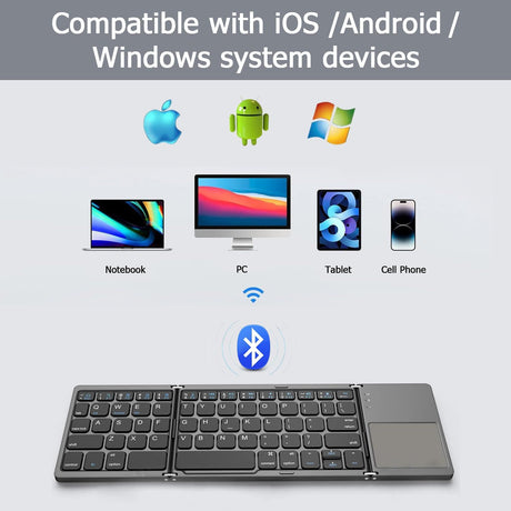 Foldable Bluetooth Keyboard with Touchpad, Wireless Portable Keyboard, Ultra Slim Rechargeable Folding Keyboard with Full-Size Keys for iOS Android Windows Laptop Tablet PC,Black