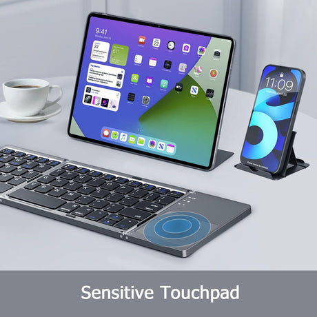 Foldable Bluetooth Keyboard with Touchpad, Wireless Portable Keyboard, Ultra Slim Rechargeable Folding Keyboard with Full-Size Keys for iOS Android Windows Laptop Tablet PC,Silver