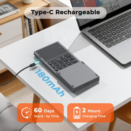 Foldable Bluetooth Keyboard with Touchpad, Wireless Portable Keyboard, Ultra Slim Rechargeable Folding Keyboard with Full-Size Keys for iOS Android Windows Laptop Tablet PC,Silver