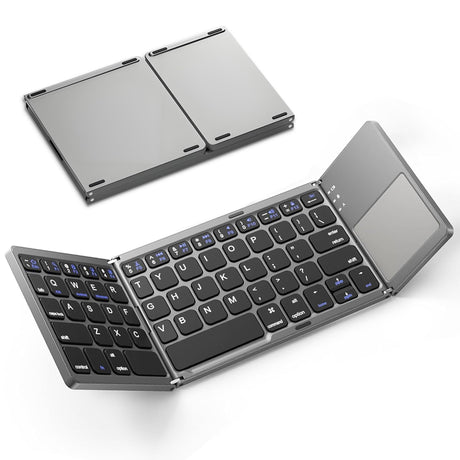 Foldable Bluetooth Keyboard with Touchpad, Wireless Portable Keyboard, Ultra Slim Rechargeable Folding Keyboard with Full-Size Keys for iOS Android Windows Laptop Tablet PC,Silver