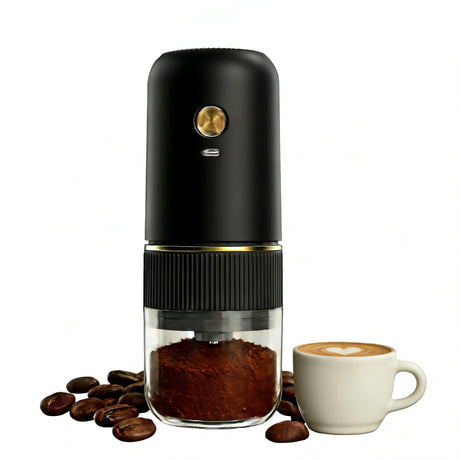 Black electric coffee grinder, automatic spice grinder, rechargeable, salt grinder, pepper grinder, adjustable coarseness, detachable design, kitchen tool.