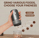 Black electric coffee grinder, automatic spice grinder, rechargeable, salt grinder, pepper grinder, adjustable coarseness, detachable design, kitchen tool.