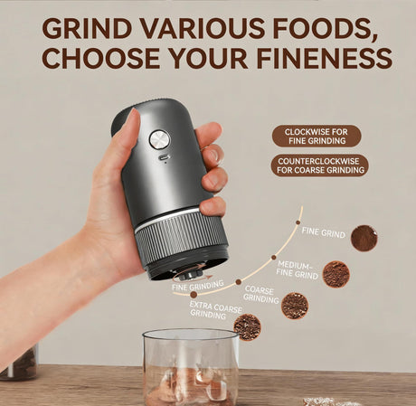 Black electric coffee grinder, automatic spice grinder, rechargeable, salt grinder, pepper grinder, adjustable coarseness, detachable design, kitchen tool.