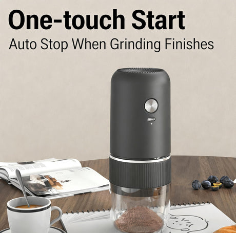 Black electric coffee grinder, automatic spice grinder, rechargeable, salt grinder, pepper grinder, adjustable coarseness, detachable design, kitchen tool.