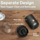 Black electric coffee grinder, automatic spice grinder, rechargeable, salt grinder, pepper grinder, adjustable coarseness, detachable design, kitchen tool.
