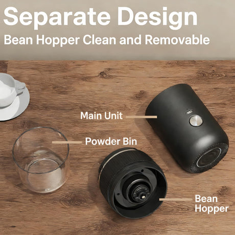 Black electric coffee grinder, automatic spice grinder, rechargeable, salt grinder, pepper grinder, adjustable coarseness, detachable design, kitchen tool.