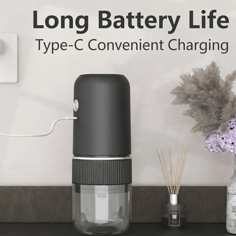 Black electric coffee grinder, automatic spice grinder, rechargeable, salt grinder, pepper grinder, adjustable coarseness, detachable design, kitchen tool.