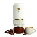 White electric coffee grinder, automatic spice grinder, rechargeable, salt grinder, pepper grinder, adjustable coarseness, detachable design, kitchen tool.
