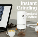 White electric coffee grinder, automatic spice grinder, rechargeable, salt grinder, pepper grinder, adjustable coarseness, detachable design, kitchen tool.