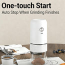 White electric coffee grinder, automatic spice grinder, rechargeable, salt grinder, pepper grinder, adjustable coarseness, detachable design, kitchen tool.
