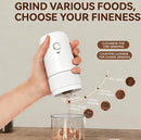 White electric coffee grinder, automatic spice grinder, rechargeable, salt grinder, pepper grinder, adjustable coarseness, detachable design, kitchen tool.