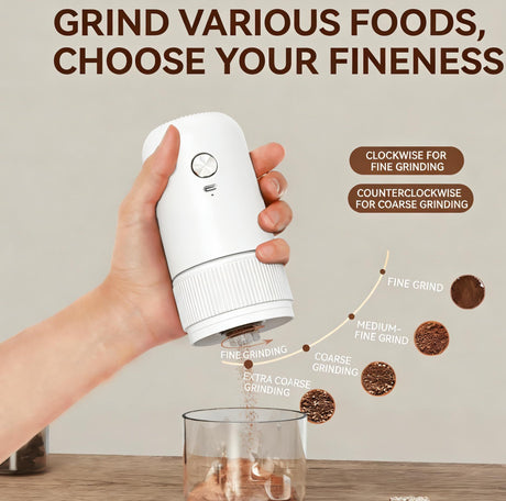 White electric coffee grinder, automatic spice grinder, rechargeable, salt grinder, pepper grinder, adjustable coarseness, detachable design, kitchen tool.