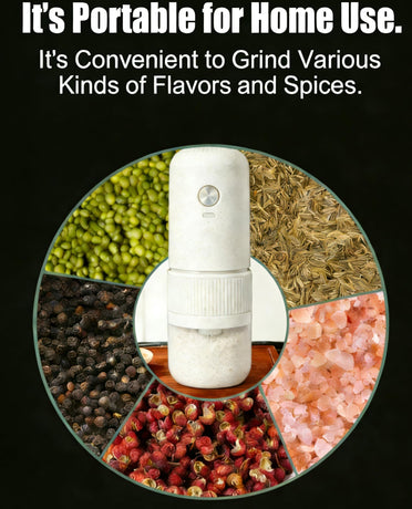 White electric coffee grinder, automatic spice grinder, rechargeable, salt grinder, pepper grinder, adjustable coarseness, detachable design, kitchen tool.