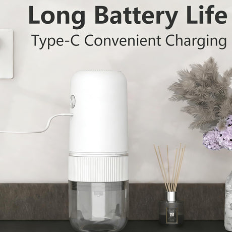 White electric coffee grinder, automatic spice grinder, rechargeable, salt grinder, pepper grinder, adjustable coarseness, detachable design, kitchen tool.