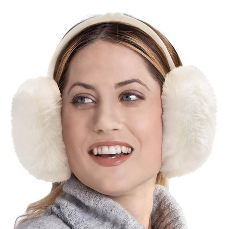 White fluffy Plush Winter Ear Muffs for Women, Foldable Soft Ear Warmers Windproof Thermal Earmuffs for Cold Weather Outdoor Daily Wear
