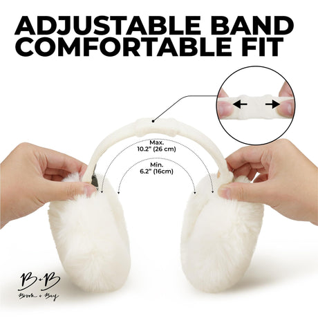 White fluffy Plush Winter Ear Muffs for Women, Foldable Soft Ear Warmers Windproof Thermal Earmuffs for Cold Weather Outdoor Daily Wear