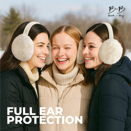 White fluffy Plush Winter Ear Muffs for Women, Foldable Soft Ear Warmers Windproof Thermal Earmuffs for Cold Weather Outdoor Daily Wear