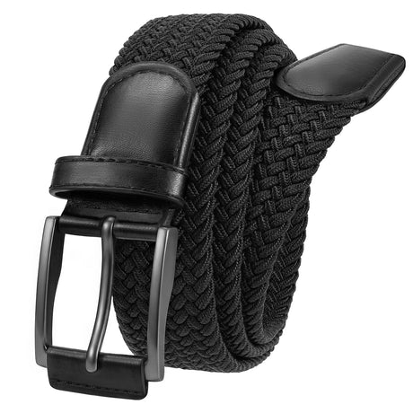 Unisex stretch black woven canvas belt with pin buckle, suitable for jeans, casual pants, shorts and casual wear.