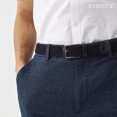Unisex stretch black woven canvas belt with pin buckle, suitable for jeans, casual pants, shorts and casual wear.