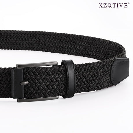 Unisex stretch black woven canvas belt with pin buckle, suitable for jeans, casual pants, shorts and casual wear.
