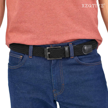 Unisex stretch black woven canvas belt with pin buckle, suitable for jeans, casual pants, shorts and casual wear.