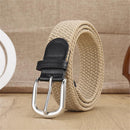 Unisex stretch khaki woven canvas belt with pin buckle, suitable for jeans, casual pants, shorts and casual wear.