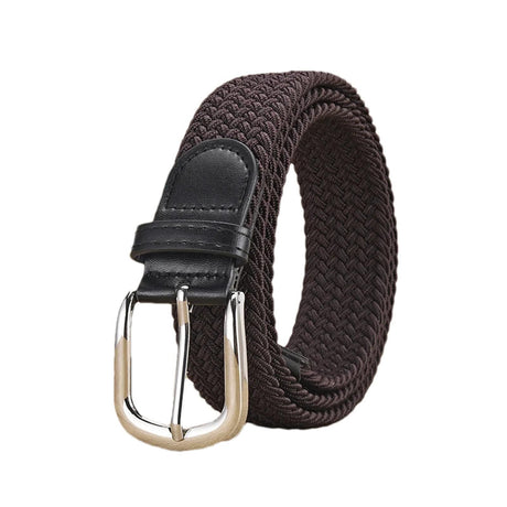 Unisex stretch coffee woven canvas belt with pin buckle, suitable for jeans, casual pants, shorts and casual wear.