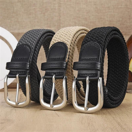 Unisex stretch coffee woven canvas belt with pin buckle, suitable for jeans, casual pants, shorts and casual wear.