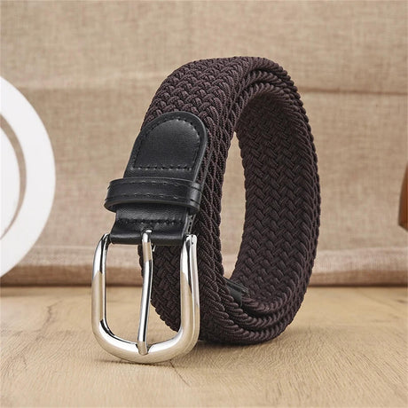 Unisex stretch coffee woven canvas belt with pin buckle, suitable for jeans, casual pants, shorts and casual wear.