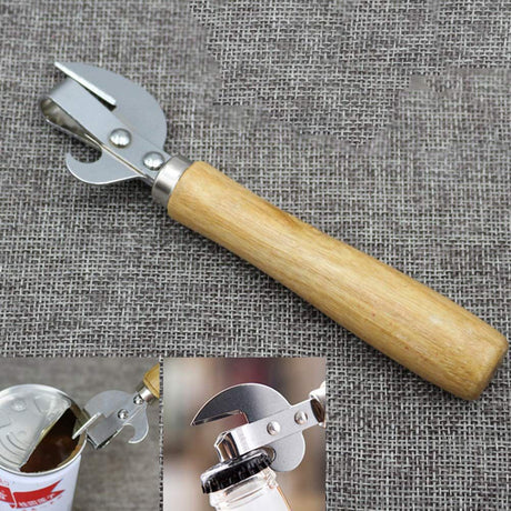 Manual Can Opener, Wooden Material Stainless Steel Bottle Opener Manual with Wooden Handle, Easy Open Multifunctional Side Cut Traditional Stab Can & Tin Opener for Kitchen Camping Traveling