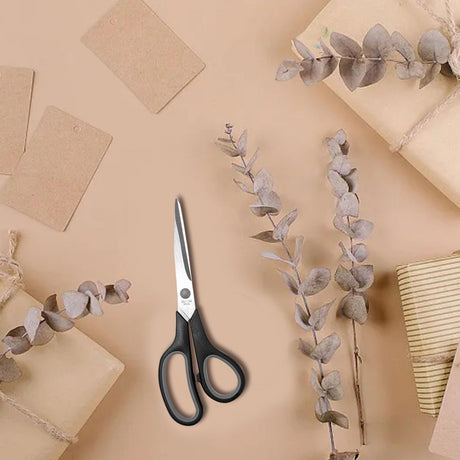 Gray multi-purpose scissors with an 8-inch ergonomic and comfortable grip, ultra-sharp stainless steel blades, heavy-duty sewing scissors suitable for crafts, office sewing, home and school use.
