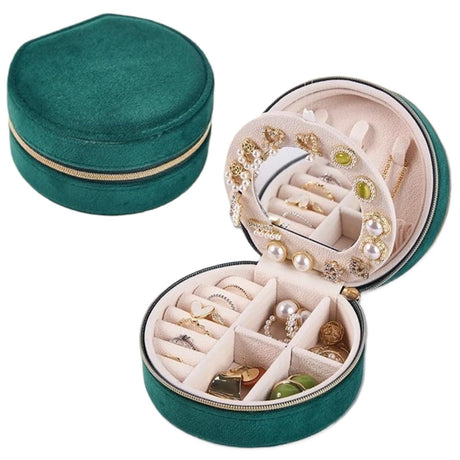 Green Small Portable Jewelry Box with Mirror for Travel, Luxury 3 Layers Jewelry Organizer Compact Case for Necklace Earring