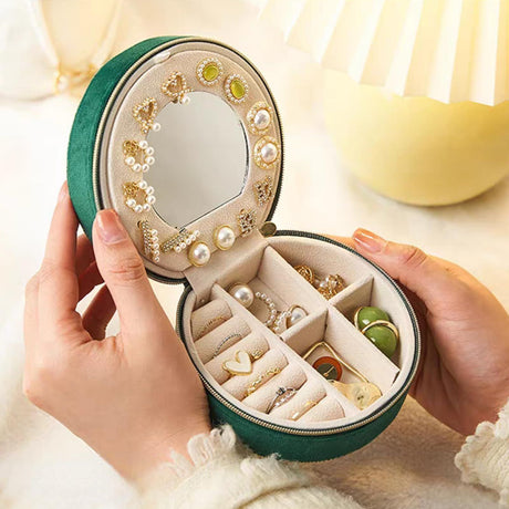 Green Small Portable Jewelry Box with Mirror for Travel, Luxury 3 Layers Jewelry Organizer Compact Case for Necklace Earring