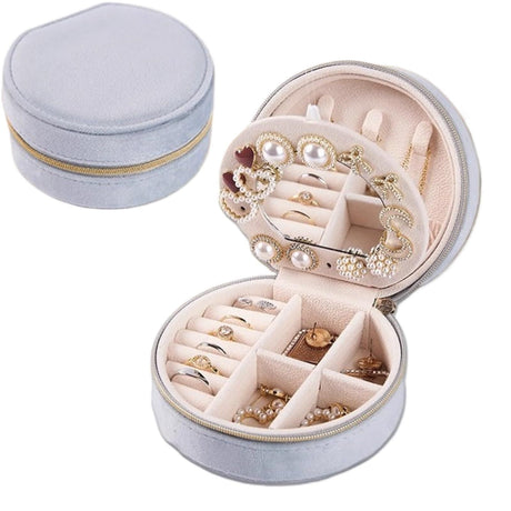 Starlight Gray Small Portable Jewelry Box with Mirror for Travel, Luxury 3 Layers Jewelry Organizer Compact Case for Necklace Earring