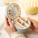 Starlight Gray Small Portable Jewelry Box with Mirror for Travel, Luxury 3 Layers Jewelry Organizer Compact Case for Necklace Earring