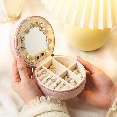 Pink Small Portable Jewelry Box with Mirror for Travel, Luxury 3 Layers Jewelry Organizer Compact Case for Necklace Earring