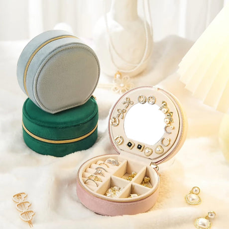 Pink Small Portable Jewelry Box with Mirror for Travel, Luxury 3 Layers Jewelry Organizer Compact Case for Necklace Earring
